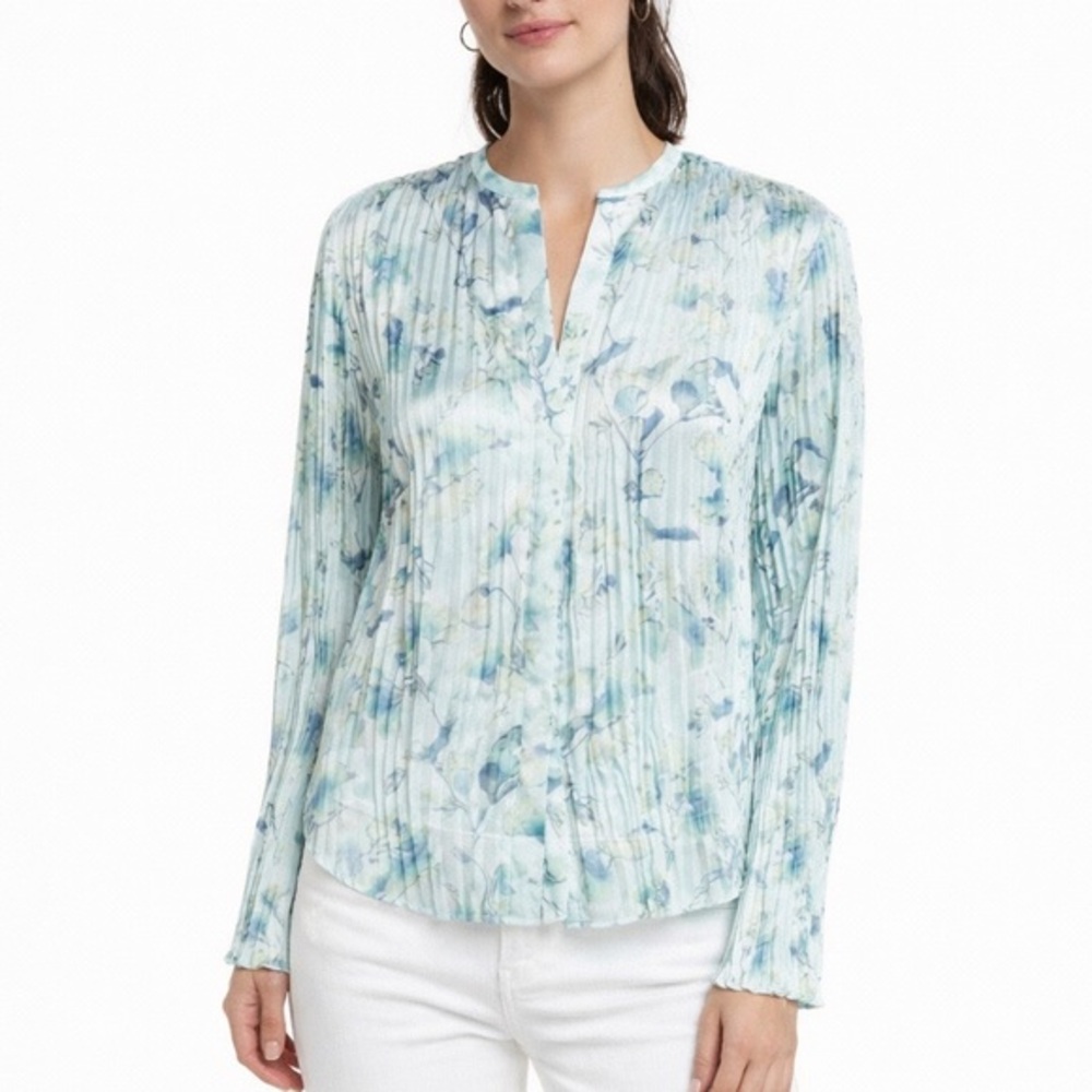 Vince Pale Lagoon Floral Crushed Pleated Blouse XS Sheer Long Sleeve Minimalist‎
